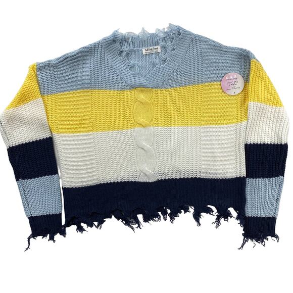 Full Circle Trends Womens L Sweater Color Block Chewed Hem Crop Long Sleeve NEW - Picture 1 of 8